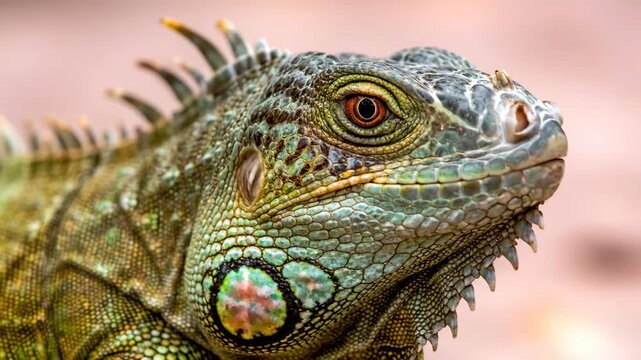 Close-up of a Green Iguana - This is a close-up shot of a green iguana's head and upper body. The iguana features scaly skin in shades of green, brown, and yellow, along with a sharp row of spikes