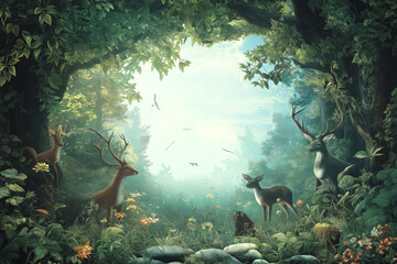 Magical Forest Animals Framing Sunlit Clearing with Natural Copyspace
