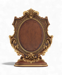 Ornate antique oval wooden picture frame with gold baroque details isolated on transparent background