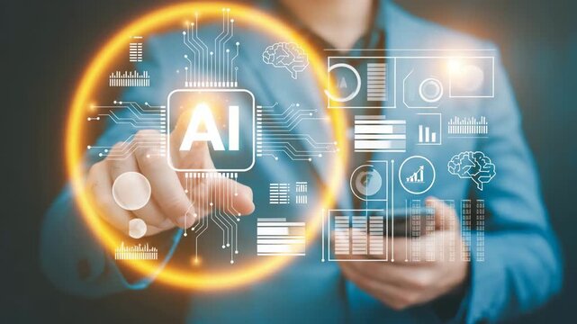 Person interacting with a futuristic AI interface displaying data and brain graphics artificial intelligence