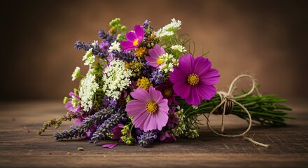 A vibrant bouquet featuring purple lavender pink cosmos and white wildflowers tied with twine on a wooden surface against a blurred brown background