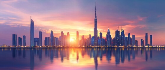 Obraz premium City skyline sunset reflection modern urban architecture panorama