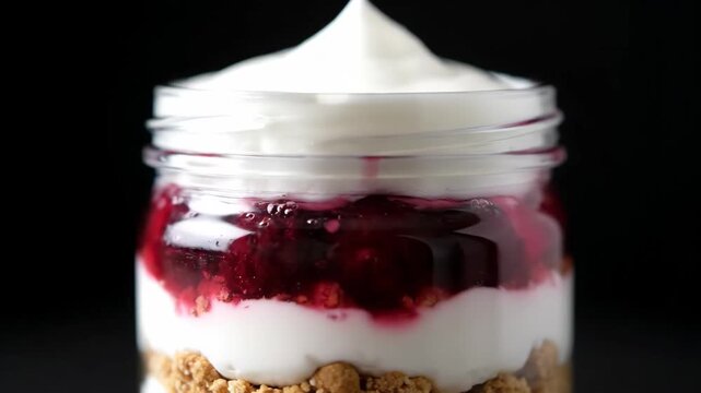 Cherry Cheesecake Parfait in Glass Jar - This video showcases a delicious cherry cheesecake parfait layered in a glass jar.