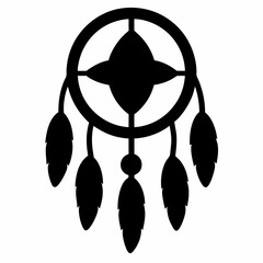 Monochrome Dreamcatcher Silhouette with Feathers and Circular Hoop Design for Prints