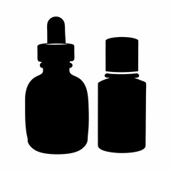Two dark silhouettes of glass cosmetic bottles, one with a dropper cap