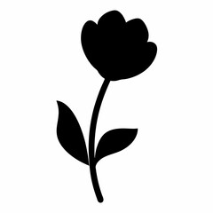 Elegant Black Silhouette of a Single Flower with Stem and Leaves Isolated