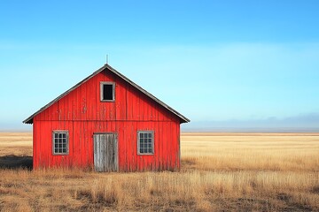 Obraz premium Red barn in golden field under blue sky high resolution photo