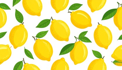 Bright yellow lemons with vibrant green leaves create a repeating pattern
