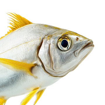 Close up of a yellowtail snapper fish head with bright yellow fins isolated on transparent background