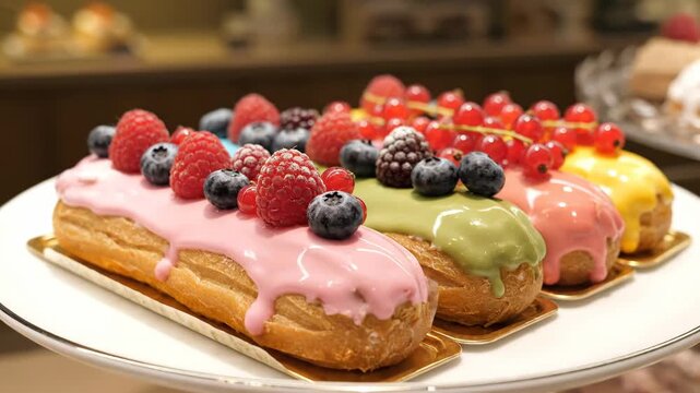 Colorful Fruit Eclairs on Display - This eye-level shot showcases a selection of eclairs arranged on a white plate.