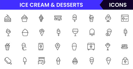 Ice Cream & Desserts vector web line icon collection: sweet illustrations of treats, cones, and sundaes for delightful designs.