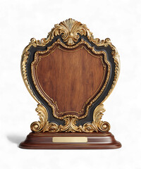 Ornate wooden plaque with gold trim and black background isolated on transparent background
