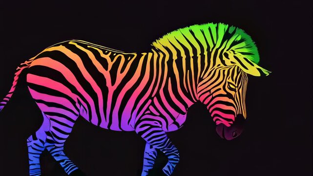 Colorful zebra walking across a black background, showcasing vibrant rainbow stripes and evolving movement, footage