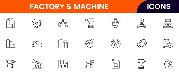 Factory & Machine vector web line icon collection, sleek illustrations of industrial tools, EV production, and automated manufacturing systems.