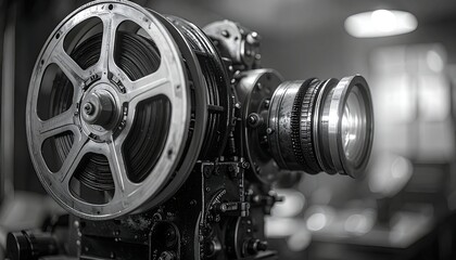 Vintage film projector, detailed metalwork. Black and white, shallow depth of field, bokeh, industrial aesthetic