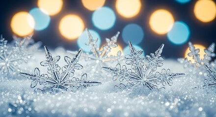 Beautiful Snowflake Texture on Snow Surface with Defocused Christmas Lights, Magical Winter Wonderland Background, Cozy Seasonal Holiday Scene, winter scence, snow image, winter snow background