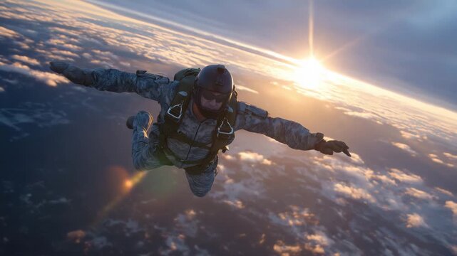 44Military aircraft soaring high above the clouds as a skydiver leaps from the open ramp, golden sunlight illuminating the dramatic descent against the endless blue sky