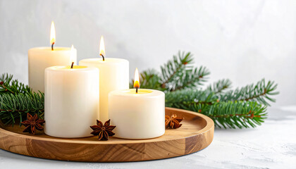 Christmas, candles on wooden tray with fir branches, soft winter light, no people