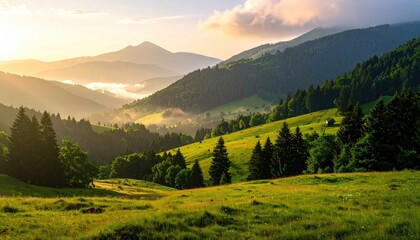 Fototapeta premium Misty Mountain Landscape at Sunrise with Golden Sunlight Illuminating Green Rolling Hills and Scattered Trees