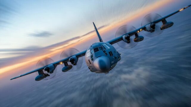 46Multiple skydivers jumping from a large gray aircraft in perfect formation, vibrant sky painted with streaks of orange and blue, altitude breathtakingly high