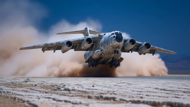 49Heavy military cargo aircraft lifting off the cracked desert runway, sand whipped into the air by powerful engines, glowing blue sky above the arid landscape