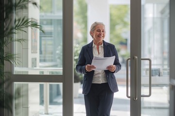 Fototapeta premium Smiling patient exits bright hospital lobby into sunlight filled with renewal and quiet optimism
