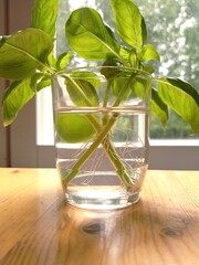 Close up of some basil branches taking root in a glass vase on a wooden table beside the window.