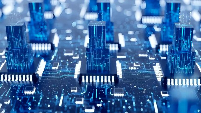 Close-up of a futuristic circuit board with glowing microchips and connections