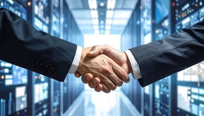 Two people shaking hands in front of a row of server racks in a bright, modern data center