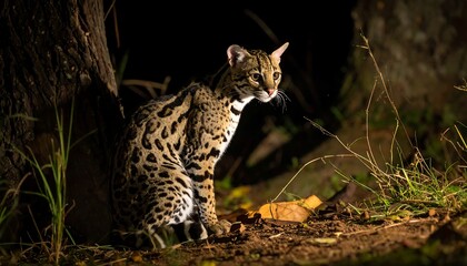 Obraz premium Spotted wild cat sits near tree trunk in dark undergrowth, illuminated by focused light, gazing to the right