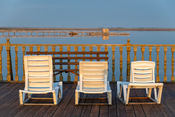Pier for swimming and relaxing on the healing lake of Karachi, Novosibirsk Region, Russia