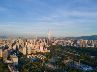 Fototapeta premium Aerial Photography of Sunset in Futian Central District, Shenzhen, Guangdong Province 