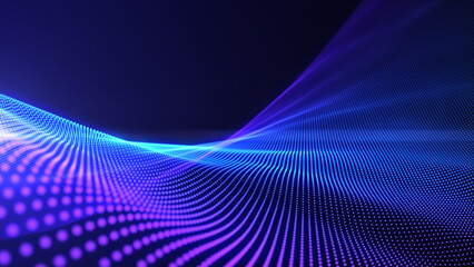 Abstract futuristic digital waves background. Purple and blue waves of neon glowing particles flowing with bokeh. Information technology concept, data science, AI. Gradient waves.
