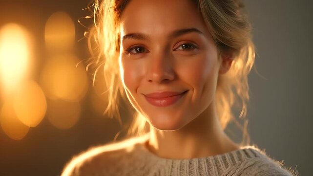 Positive young casual woman looking at camera, under gentle studio light, highlighting warm expression and relaxed pose, serene portrait scene, calm casual lighting, with copy spac
