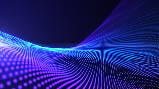 Abstract futuristic digital waves background. Purple and blue waves of neon glowing particles flowing with bokeh. Information technology concept, data science, AI. Gradient waves. - Powered by Adobe