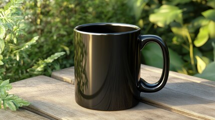 Obraz premium Black mug on wooden table in garden setting sunlight reflection