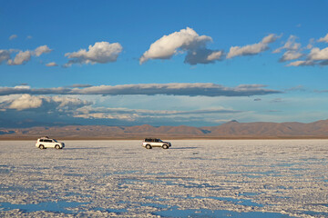 Road Trip on the Salar de Uyuni or Uyuni Salts Flats at the End of Rainy Season, Potosi Department, Bolivia, South America