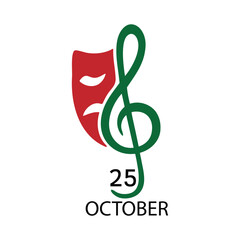 Fototapeta premium Red theater mask and green treble clef with October 25th date on white background comedy tragedy