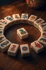 Set of mahjong tiles arranged in a circular pattern on wooden surface.