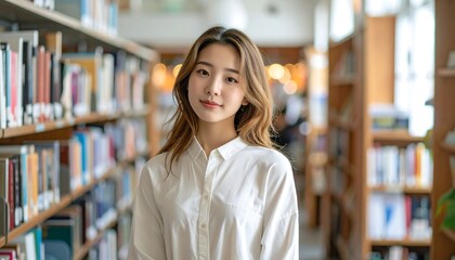 Young Asian woman smiles in a library, blurred bookshelves receding into the background, warm lighting enhances the scene