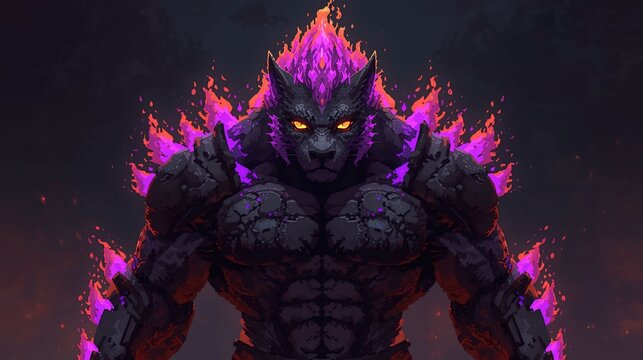 Fiery purple monster surrounded by smoke and glowing energy.