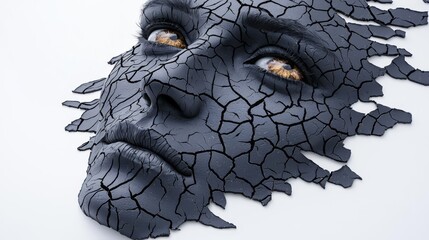 A striking artistic representation of a cracked face, symbolizing human emotions and vulnerability in modern society.