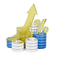 3d icon of stack of coin with rising arrow representing financial concept.