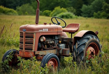 Rusty old farm tractor sits in overgrown field, wheels, engine