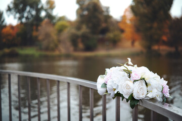 View of beautiful flowers on bridge over water