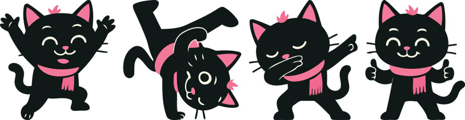 Cute black cat mascot in playful poses: arms up, handstand, dab, and thumbs up, wearing a pink scarf; flat vector cartoon character set for stickers, branding, and kids designs.
