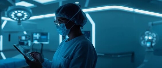 Illustration of female surgeon using digital tablet in operating room with medical equipment - Powered by Adobe