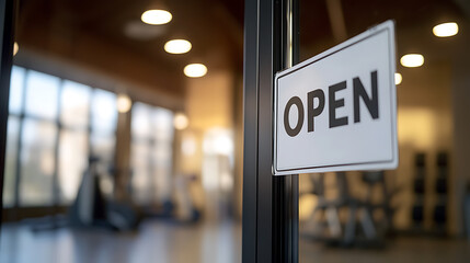 An inviting gym space is open, as signaled by a sign hanging near the door, promising fitness opportunities. Light shines through the window, beckoning customers.