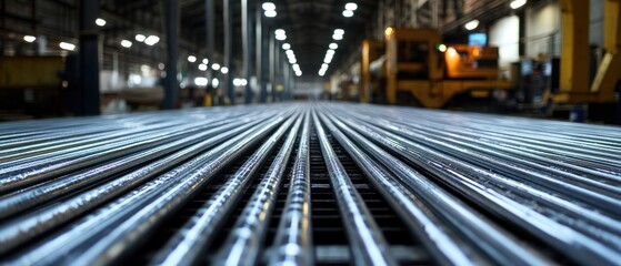 Parallel metal rods in industrial facility close up view
