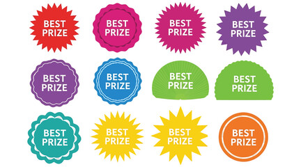 Vector art of a vibrant assortment of twelve colorful badges with best prize text, , ideal for promotions, contests, and special offers
